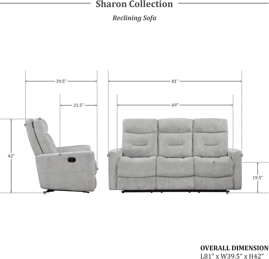 Lexicon Recliner Sofa for Living Room, Double Recliner RV Couch, Manual Wall Hugger Recliner Home Theater Seating Chenille Reclining Sofa, 81''W Sofa, Grey