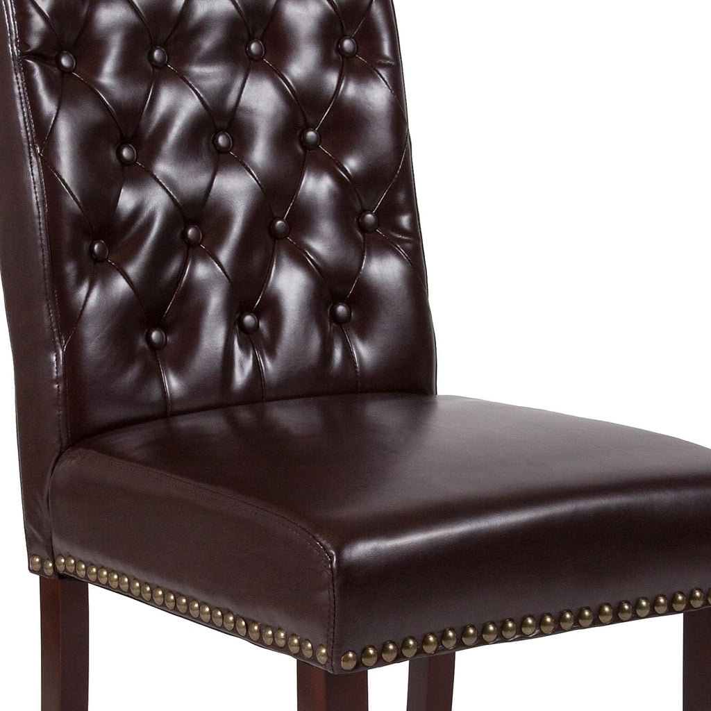 Flash Furniture Set of 2 HERCULES Series Brown LeatherSoft Parsons Chair with Rolled Back, Accent Nail Trim and Walnut Finish