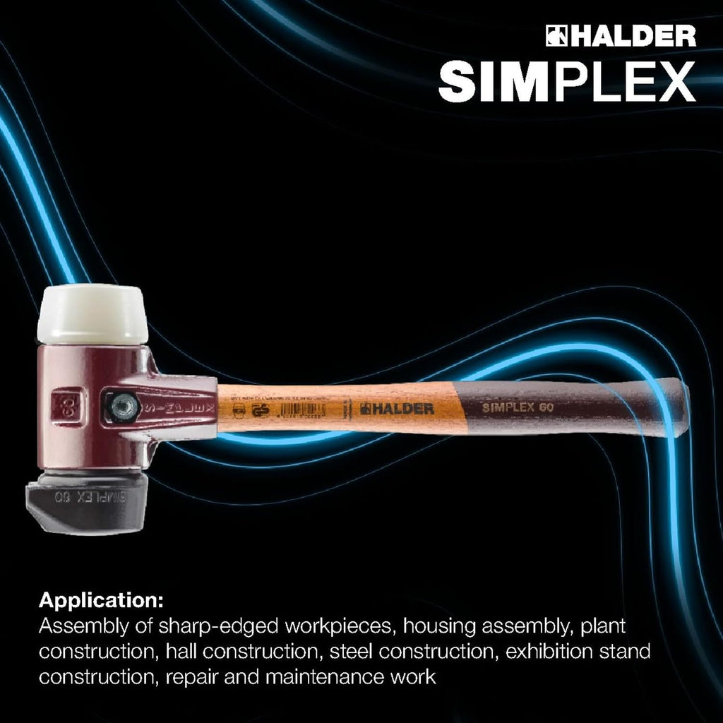 Halder Simplex Soft-Faced Mallet 3028.280 – Medium-Hard 'Stand-Up' Rubber Insert, Nylon Insert, Cast Iron Housing with Handle Protection Sleeve, Varnished Wooden Handle, 80mm, 6.5 lbs.