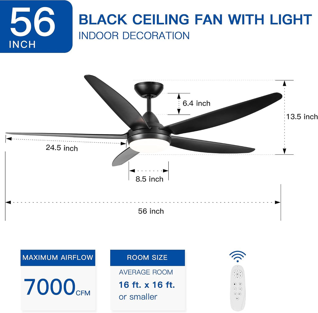 LED Black Ceiling Fan with Light And Remote,56 Inch, Black ABS Blade,For Indoor Outdoor Modern Flush Mount Ceiling Fan