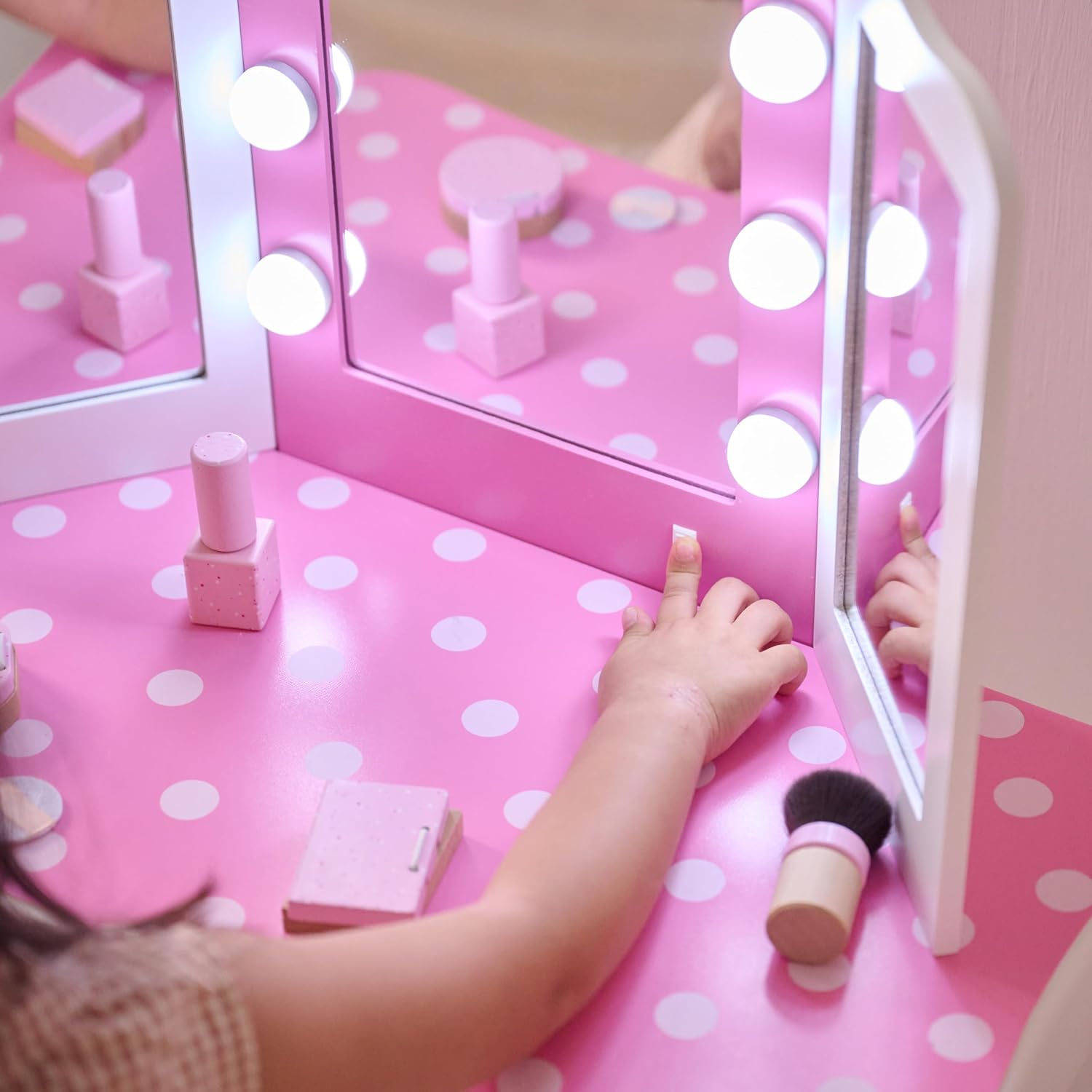 Teamson Kids - Fashion Polka Dot Prints Gisele Play Vanity Set with LED Lights - Pink/White