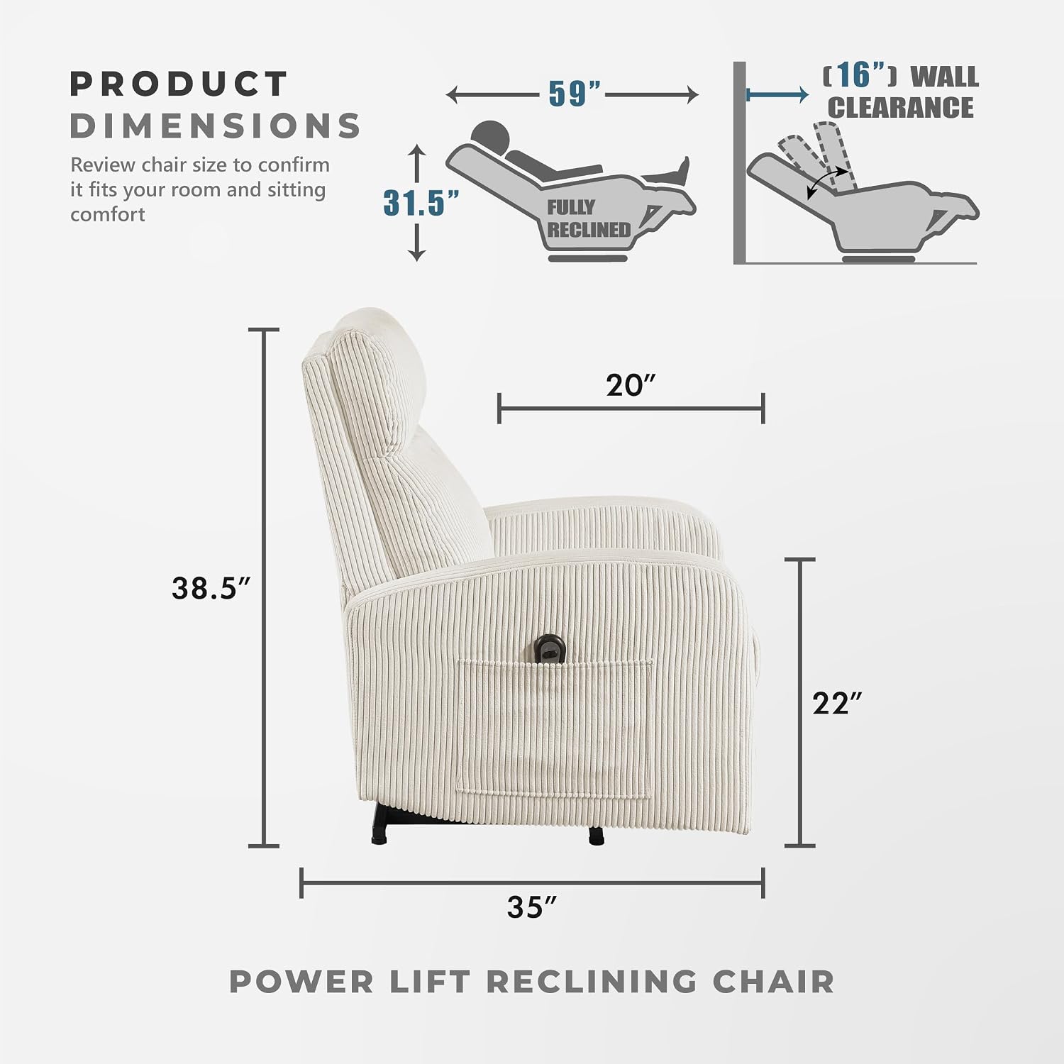 Lexicon Power Lift Recliner Chair for Elderly with Remote Control, Gentle Lift Motion, Side Pocket Armrest, Corduroy Upholstered Electric Recliner for Living Room/Bedroom, Easy Assembly, Beige