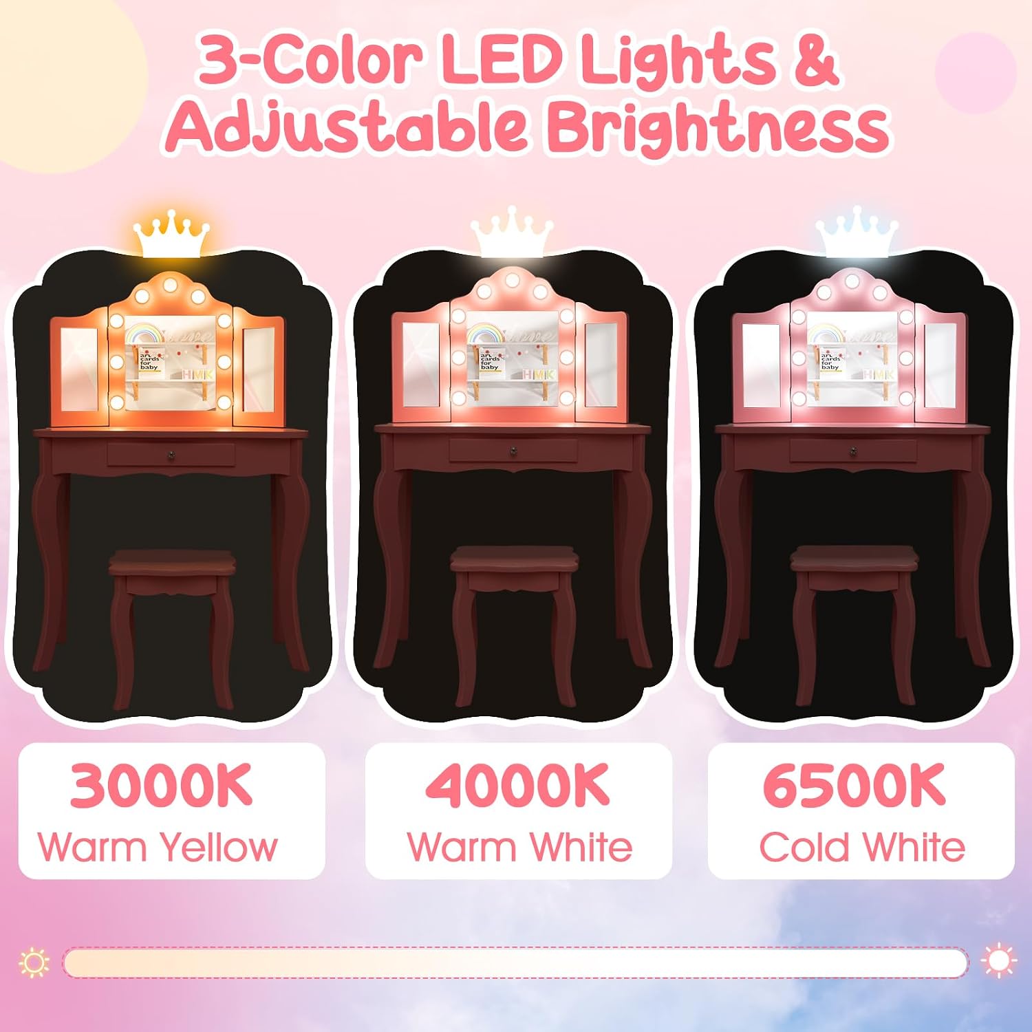 HONEY JOY Kids Vanity Set with Lighted Mirror, 2 in 1 Princess Toddler Dressing Table w/Tri-Fold Mirror & Drawer, Wooden Makeup Table & Chair Set, Pretend Play Vanity Set for Little Girls (Pink)