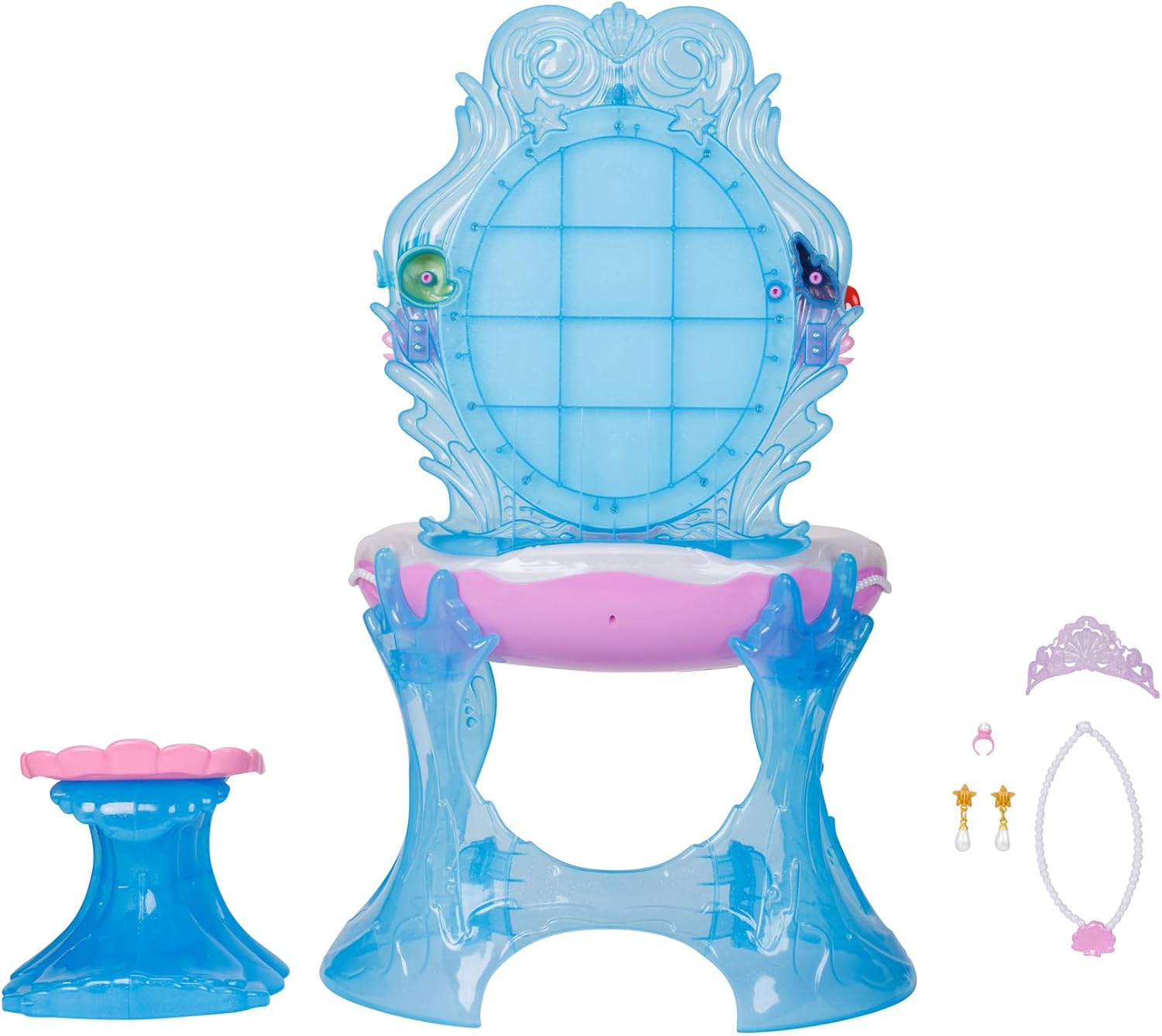 Disney Princess Ariel Vanity for Girls with Lights & Sounds, Plays 'Under The Sea' - Magical Light Up Effect Looks Just Like Water! Pretend Play Girls Vanity Set with Mirror and Stool