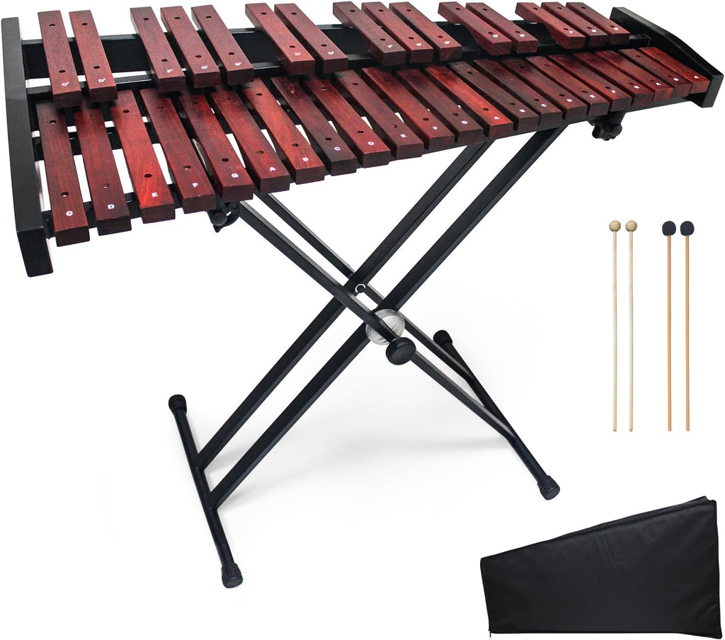 Marimba,37-key wooden Xylophone, complete with two pairs of mallets in different tones and an adjustable stand; a professional marimba suitable for beginners and students