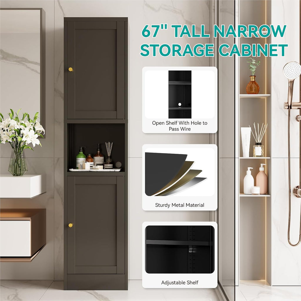 67' Tall Narrow Storage Cabinet with Doors and Open Shelf,Metal Pantry Cabinet,Shaker Style Slim Cabinet with Adjustable Shelves,for Bathroom Kitchen Laundry Small Spaces, Black, 1Pc