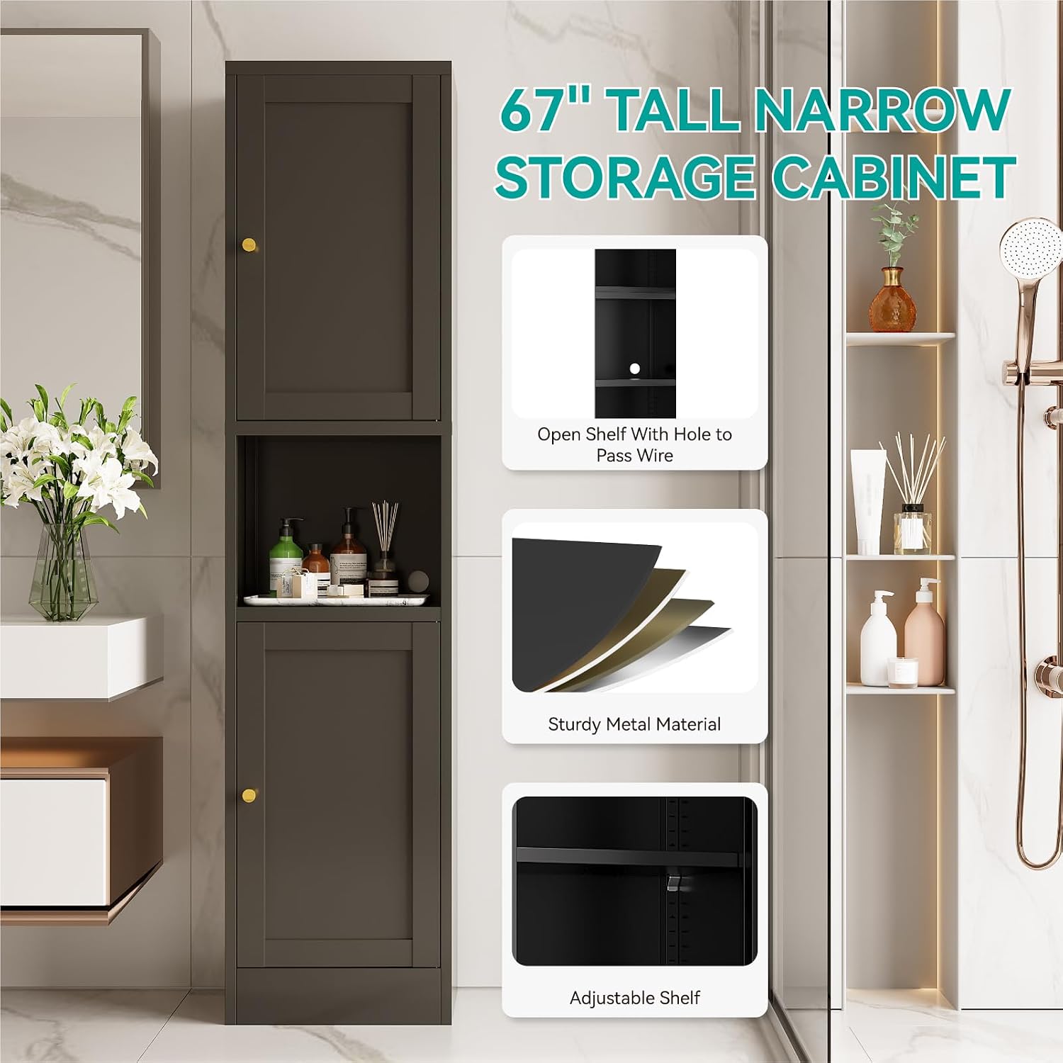 67' Tall Narrow Storage Cabinet with Doors and Open Shelf,Metal Pantry Cabinet,Shaker Style Slim Cabinet with Adjustable Shelves,for Bathroom Kitchen Laundry Small Spaces, Black, 1Pc
