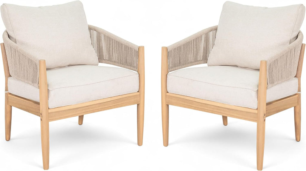 Christopher Knight Home Naomi Set of 2 Patio Acacia Wood Club Chair with Cushion, Handwoven Rope Lounge Chair Outdoor for Porch/Backyard, Stylish Garden Seating with Curved Backrest, Beige+Light Brown