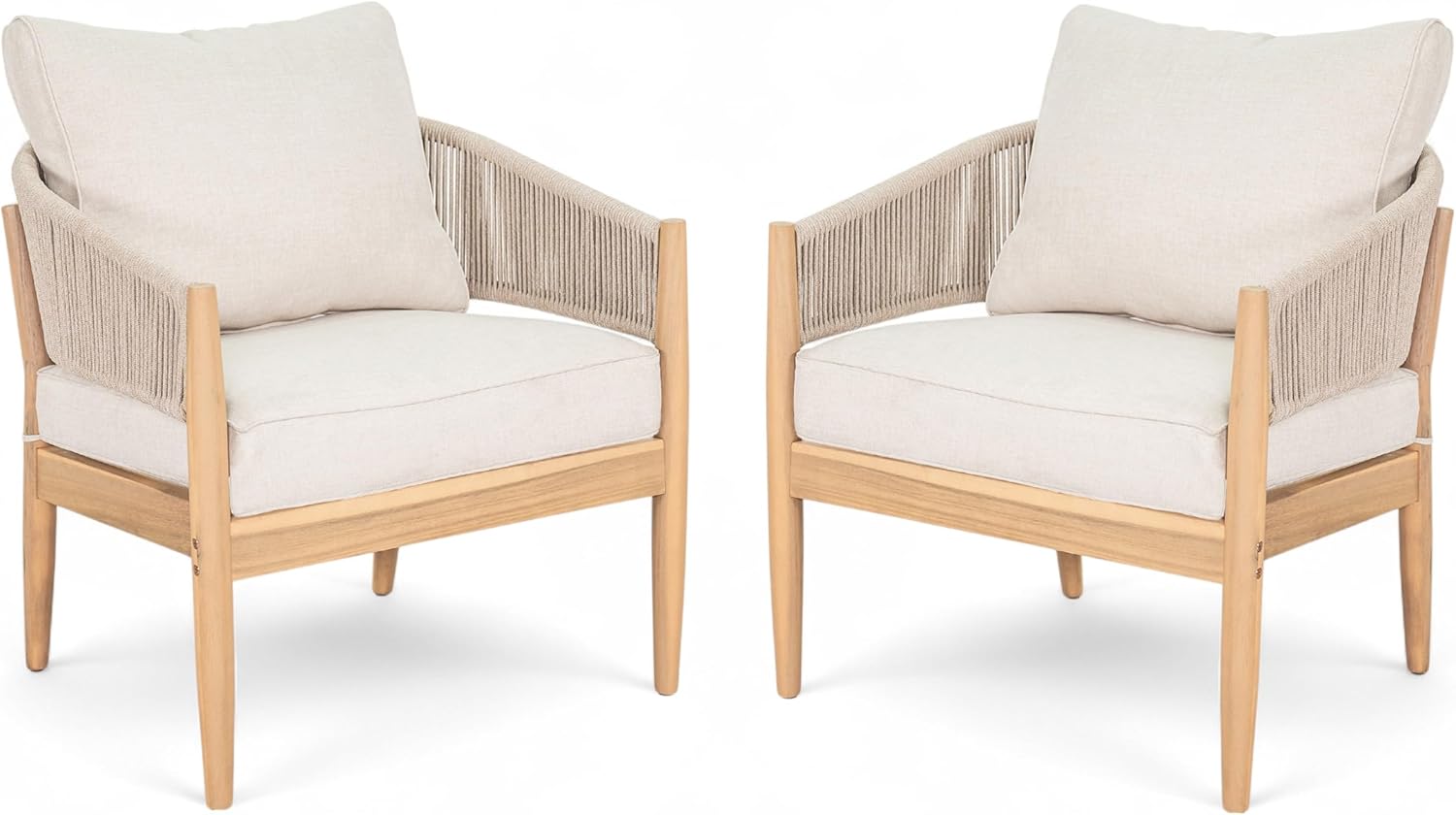 Christopher Knight Home Naomi Set of 2 Patio Acacia Wood Club Chair with Cushion, Handwoven Rope Lounge Chair Outdoor for Porch/Backyard, Stylish Garden Seating with Curved Backrest, Beige+Light Brown