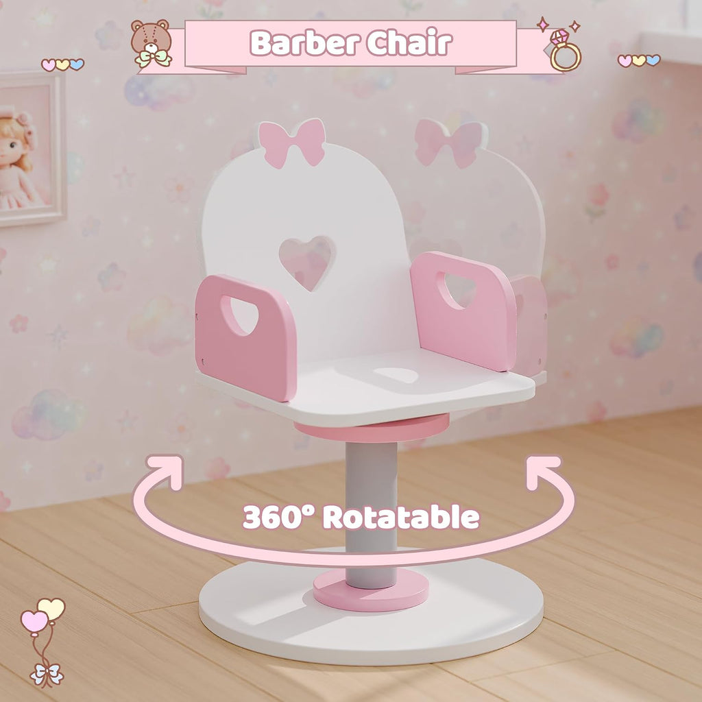 Kids Vanity Set with Light and Barber Chair, White Pink Makeup Dressing Vanity Table with Storage Shelf and Hair Salon Play Set 7 pcs Accessories, Pretend Play Vanity Set for Toddler Girls