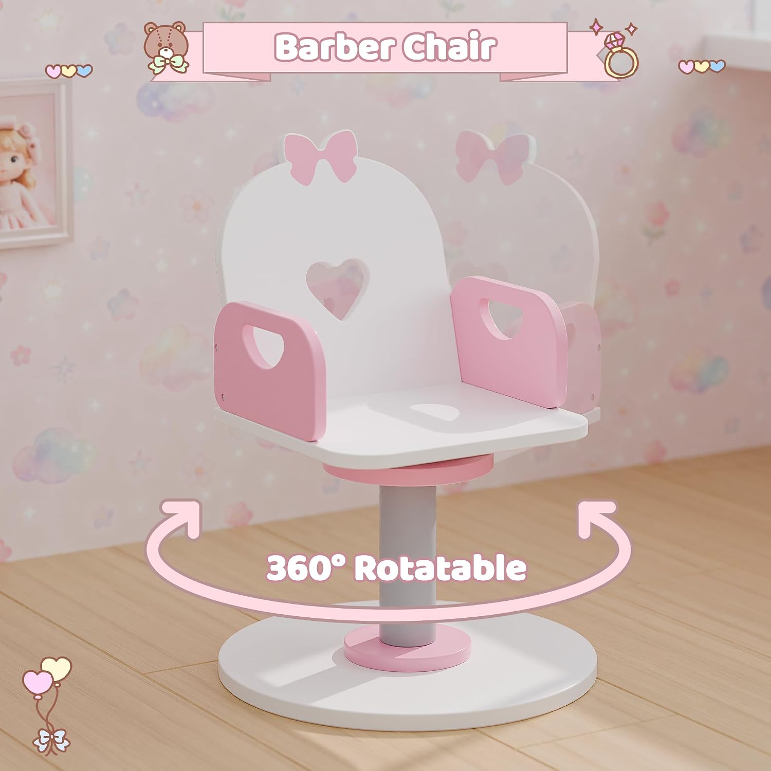 Kids Vanity Set with Light and Barber Chair, White Pink Makeup Dressing Vanity Table with Storage Shelf and Hair Salon Play Set 7 pcs Accessories, Pretend Play Vanity Set for Toddler Girls