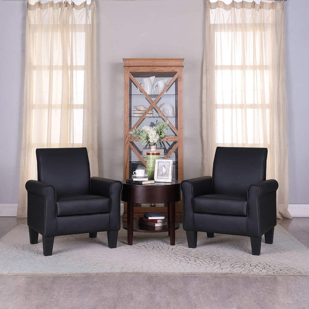 Faux Leather Accent Chair Set of 2, Mid Century Modern Living Room Chair, Upholstered Comfortable PU Leather Armchair for Bedroom, Office or Waiting Areas-Black