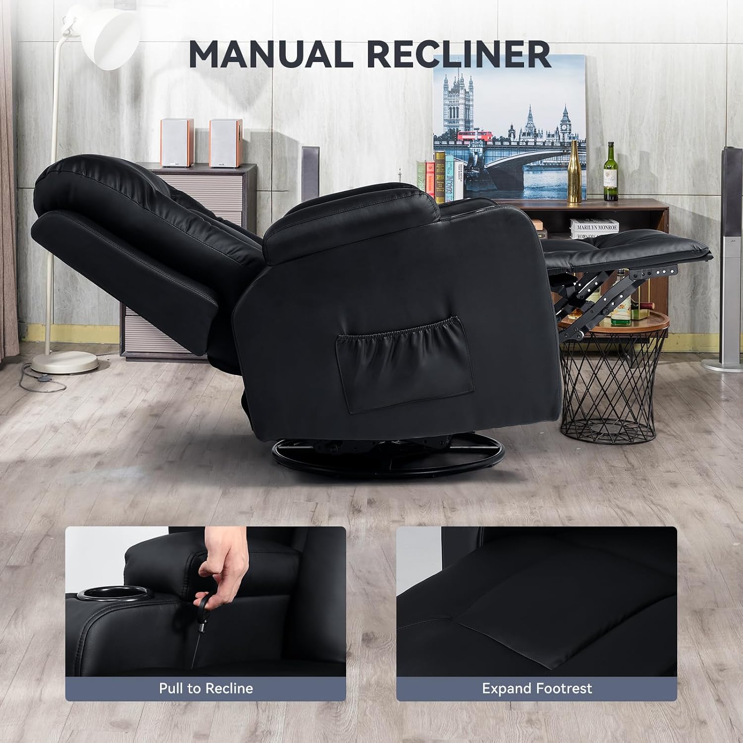 COMHOMA Living Room Furniture Set,Bonded Leather Loveseat Sofa with Cup Holder Recliner Chair,Black