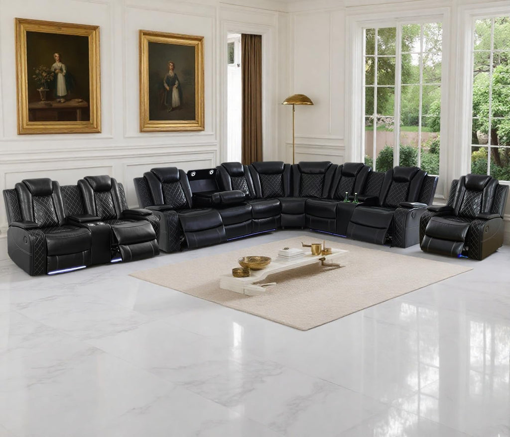 Power Reclining Sectional Sofa Set, Living Room Furniture Sets, Black Leather Sectional Reclining Loveseat and Recliner Chair with 5 Recliners/LED Light/Storage Console for Living Room