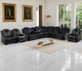 Power Reclining Sectional Sofa Set, Living Room Furniture Sets, Black Leather Sectional Reclining Loveseat and Recliner Chair with 5 Recliners/LED Light/Storage Console for Living Room