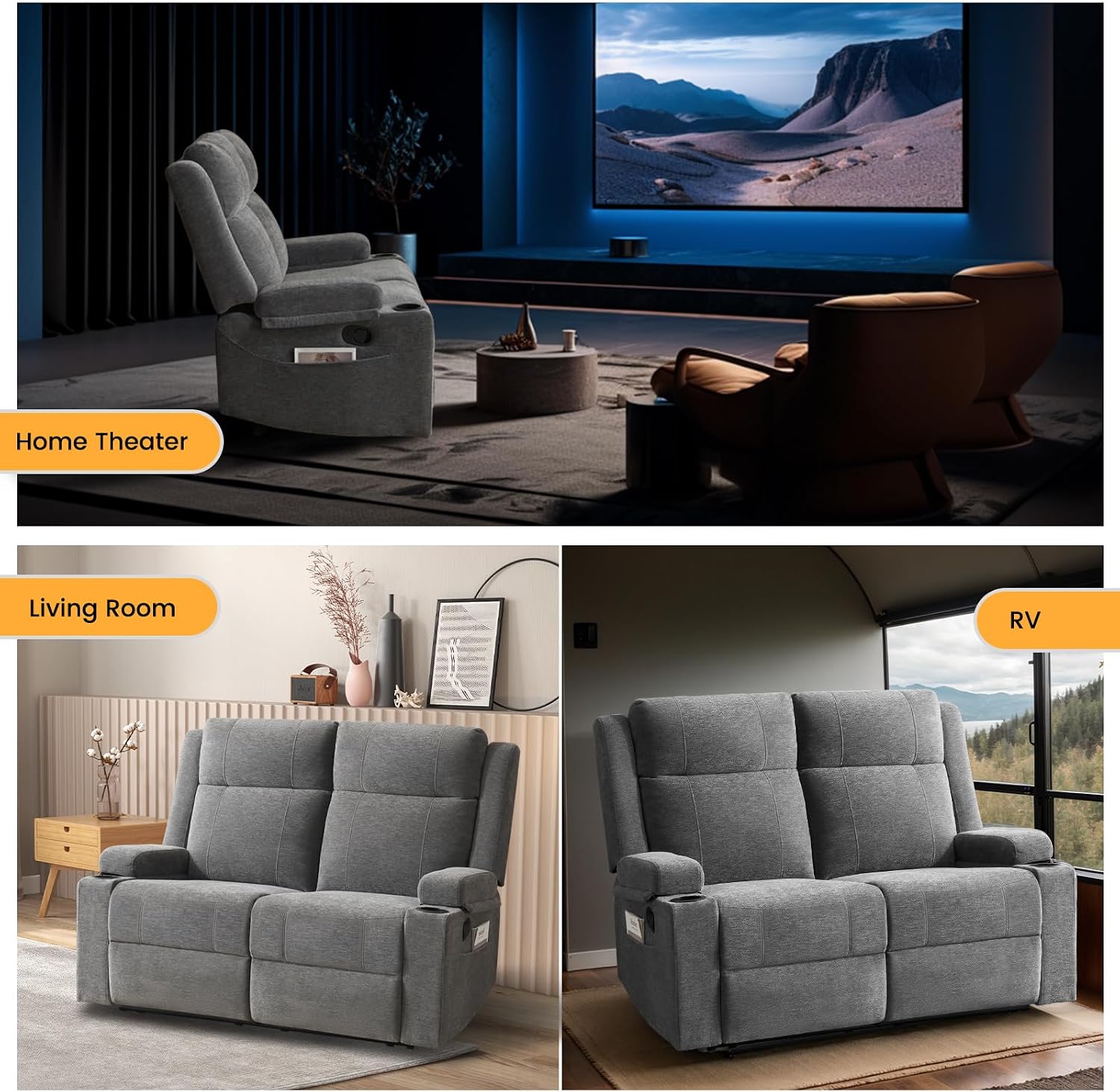 Loveseat Recliner, Double Recliner Loveseat with Adjustable Footrest & Cup Holder, Wall Hugger Recliner for Living Room & Home Theater & RV(Gray)