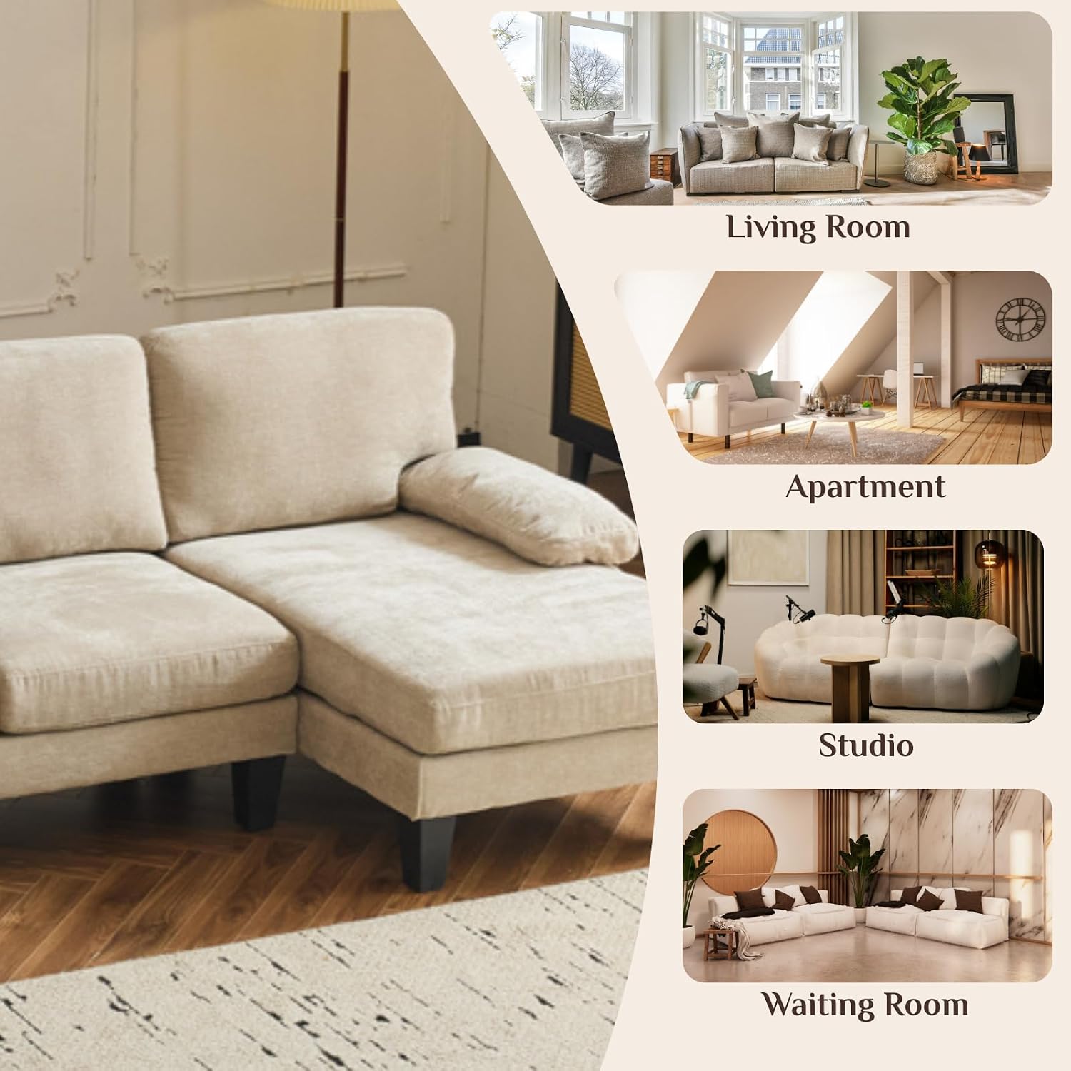 Karl home U-Shape Sectional Sofa Couch 111' Modern 4-Seat Sofa with Chaises Chenille Fabric Upholstered Covertible Couch with Wood Grain Legs for Living Room, Reception Room, Apartment, Khaki