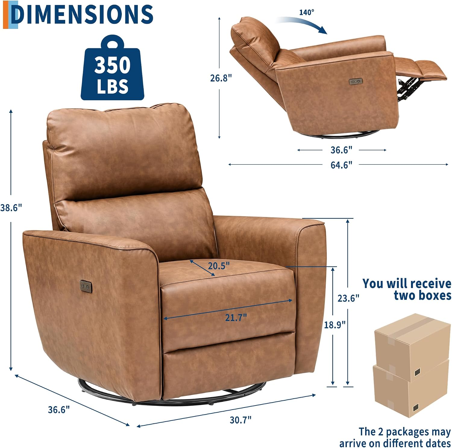 GarveeHome Power Recliner Chair, 270° Swivel Rocking Glider with USB Charging Port, PU Leather Upholstered Fabric, Ergonomic Modern Nursery Chair for Living Room, Bedroom, Nursery (Brown)