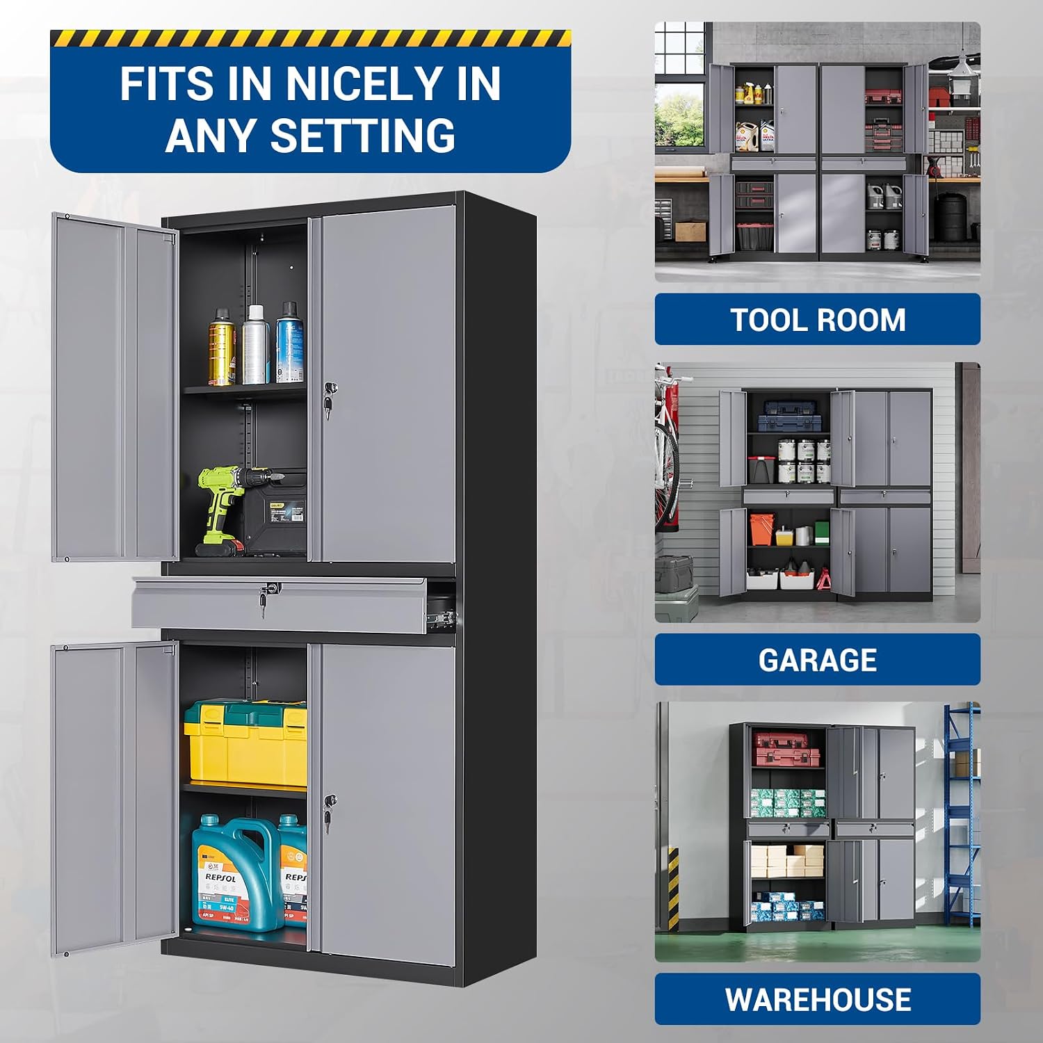 Fesbos 71' Metal Cabinet-Black&Gray Heavy Duty Storage File Cabinet Steel Tool Cabinets with Shelves, Lockable Doors and Drawers- for Garage, Pantry, Warehouse - Assembly Required