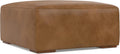 SIMPLIHOME Rex Ottoman - 34 inch Wide Upholstered Genuine Leather Square Ottoman in Caramel Brown, Modern Bench for Living Room or Bedroom with High-Density Cushion, Assembled