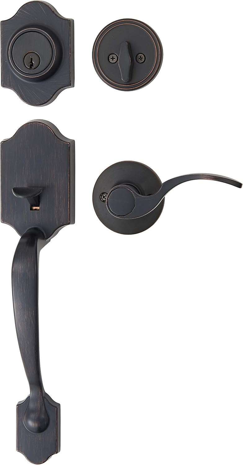 Amazon Basics Front Door Lock Set, Handleset with Shelby Lever, Level Door Handle, Exterior, Single Cylinder Packs, Oil Bronze, 6-Pack