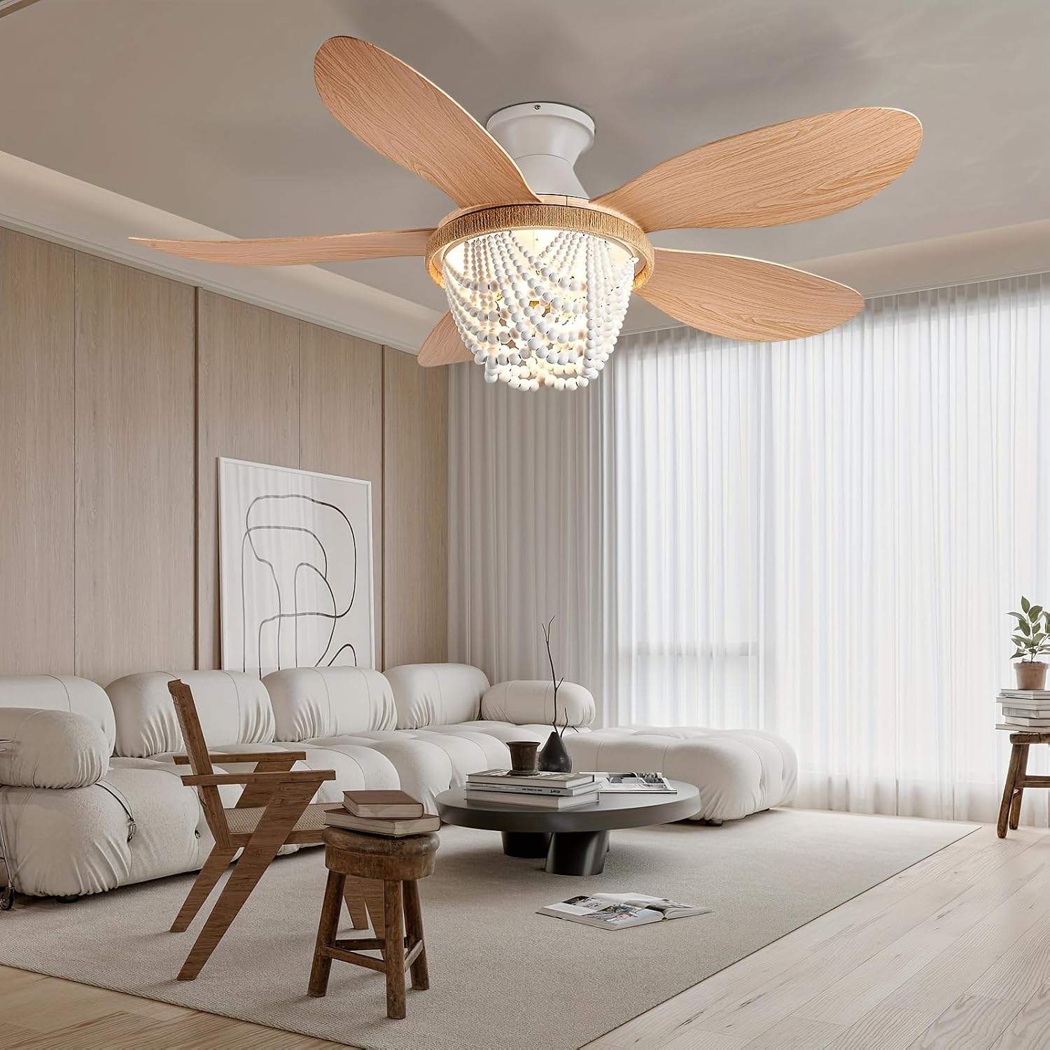 Boho Ceiling Fans with Lights and Remote, Wood Beaded 52 inch Ceiling Fan with Light,6 Speed Reversible Motor LED Flush Mount Ceiling Fans, Ceiling Fan Light for Bedroom Living Room (ABS Blades)