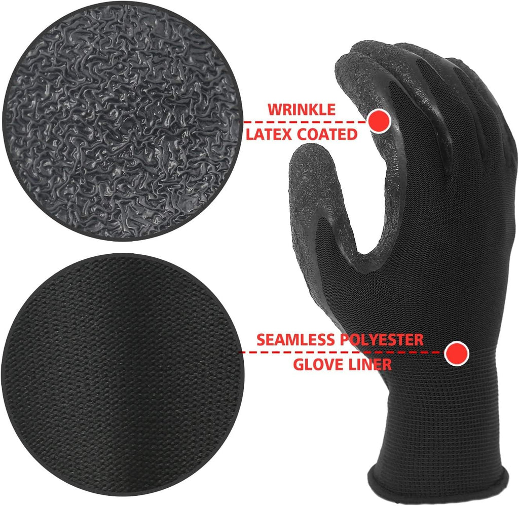 Evridwear Crinkle Latex Rubber Hand Coated Safety Work Gloves for Men Women General Multi Use Construction Warehouse Gardening Assembly Landscaping,Black Large 120 Pairs Pack