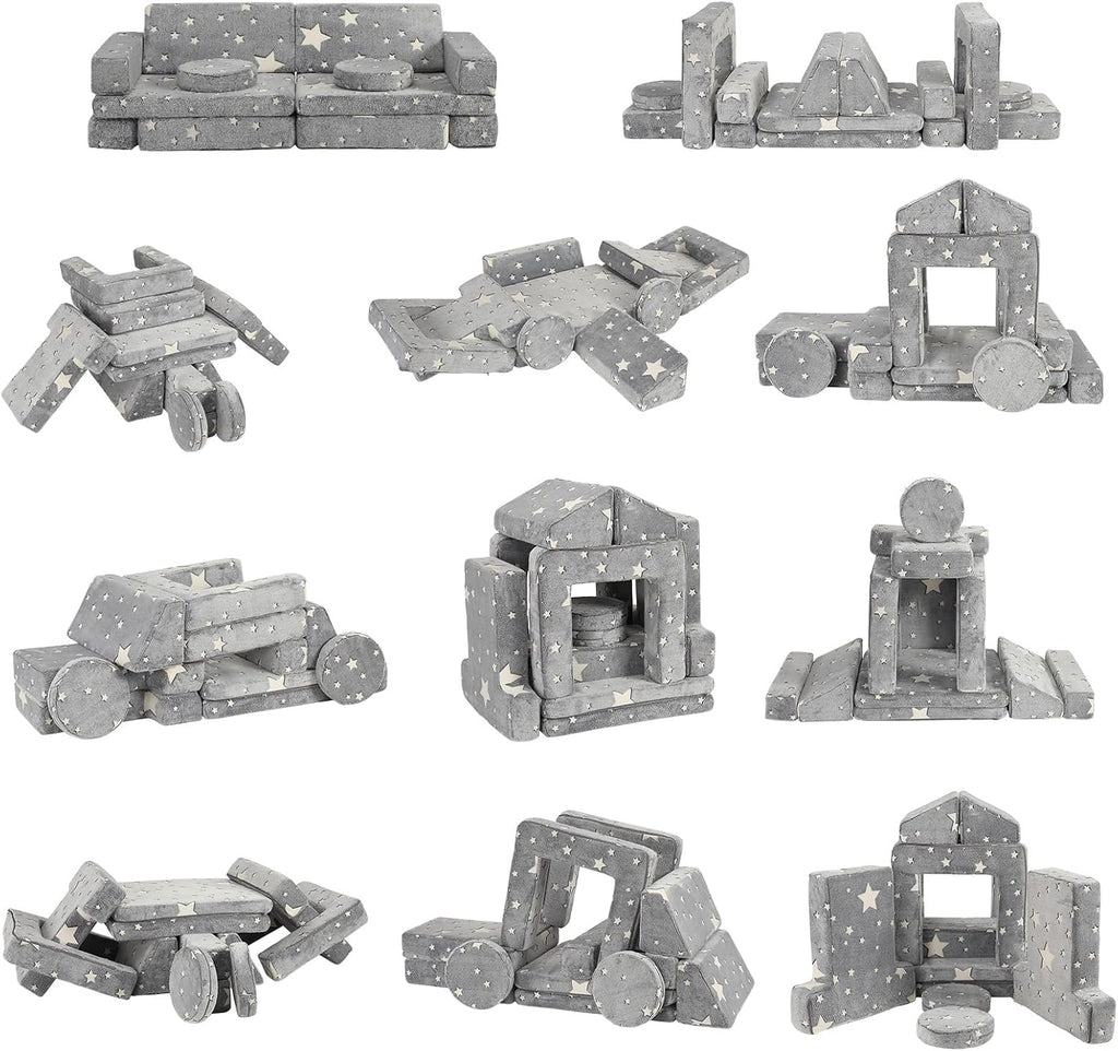Kids Couch Sofa 12 Pcs Modular Star Glow in The Dark, Convertible Fold Out Foam Couch for Boys and Girls, Playroom Bedroom Furniture, Grey