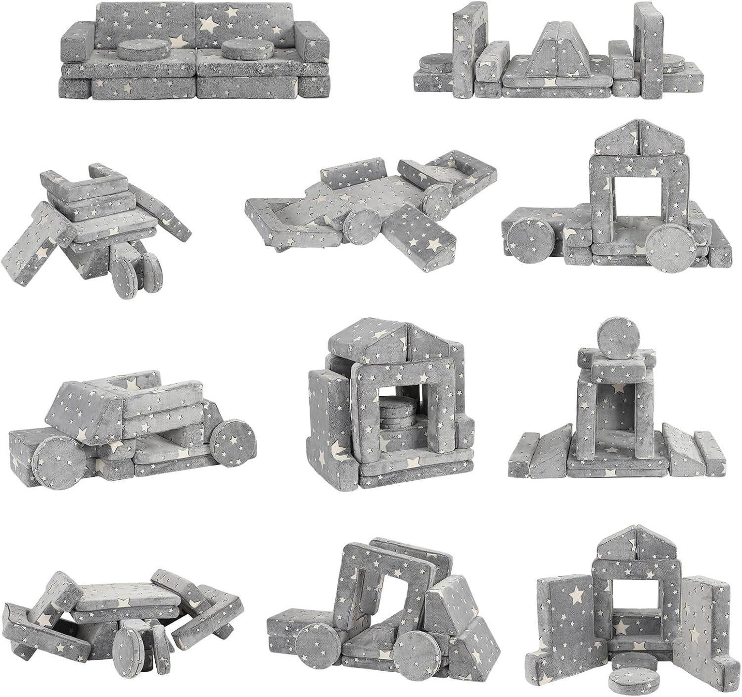 Kids Couch Sofa 12 Pcs Modular Star Glow in The Dark, Convertible Fold Out Foam Couch for Boys and Girls, Playroom Bedroom Furniture, Grey