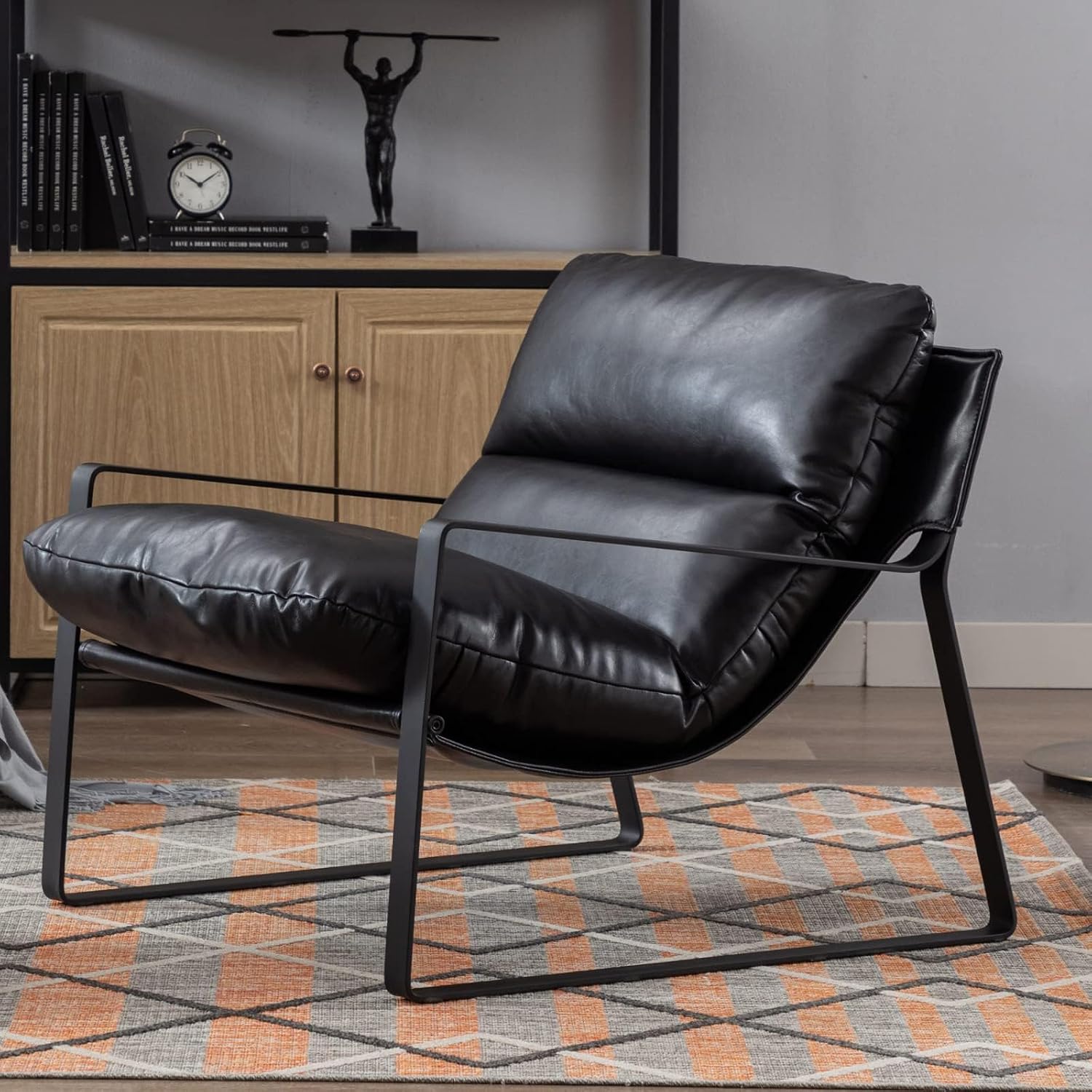 Ya-Home Mid-Century Accent Chair, Comfy PU Leather Side Chair with Armrest, Upholstered Leisure Chair with Black Metal Frame for Living Room Bedroom Reception Room, Black