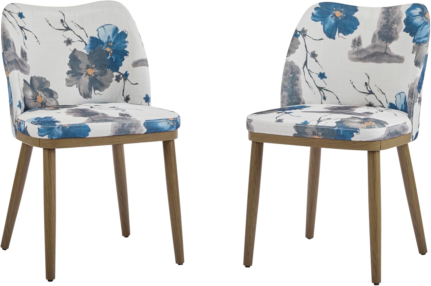 Christopher Knight Home Ringo Modern Fabric Upholstered Dining Chairs Set of 2, Wooden Dining Room Armless Chair, Curved Backrest Kitchen Side Chair, Brown+Blue+White