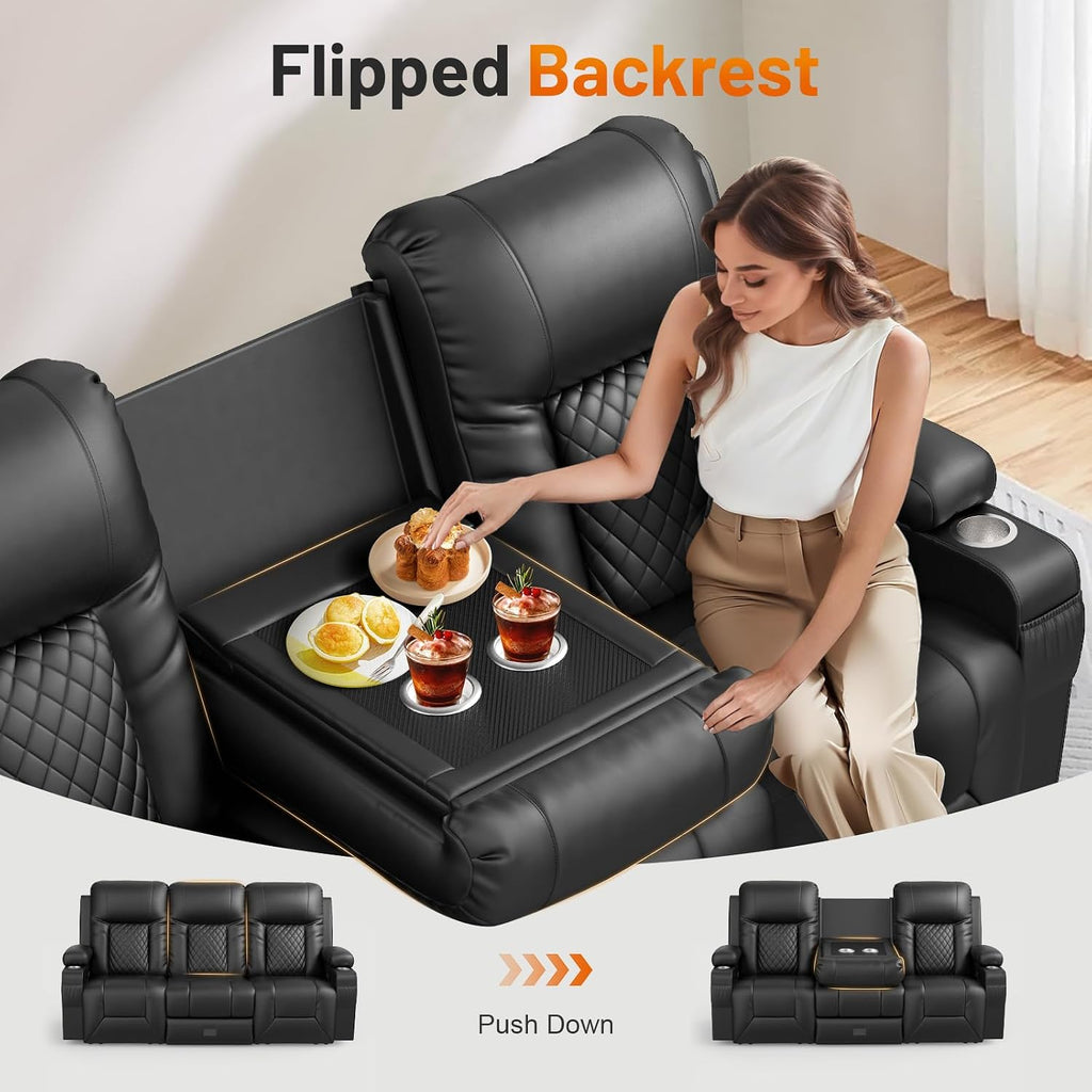 FURNIMAT Loveseat Recliner Sofa, Modern Dual Reclining Sofa with Flip Back Console, 3 Seater PU Leather Loveseat Couch for Living Room/RV, with Storage, USB Ports, Cup Holder, Cell Phone Holder, Black