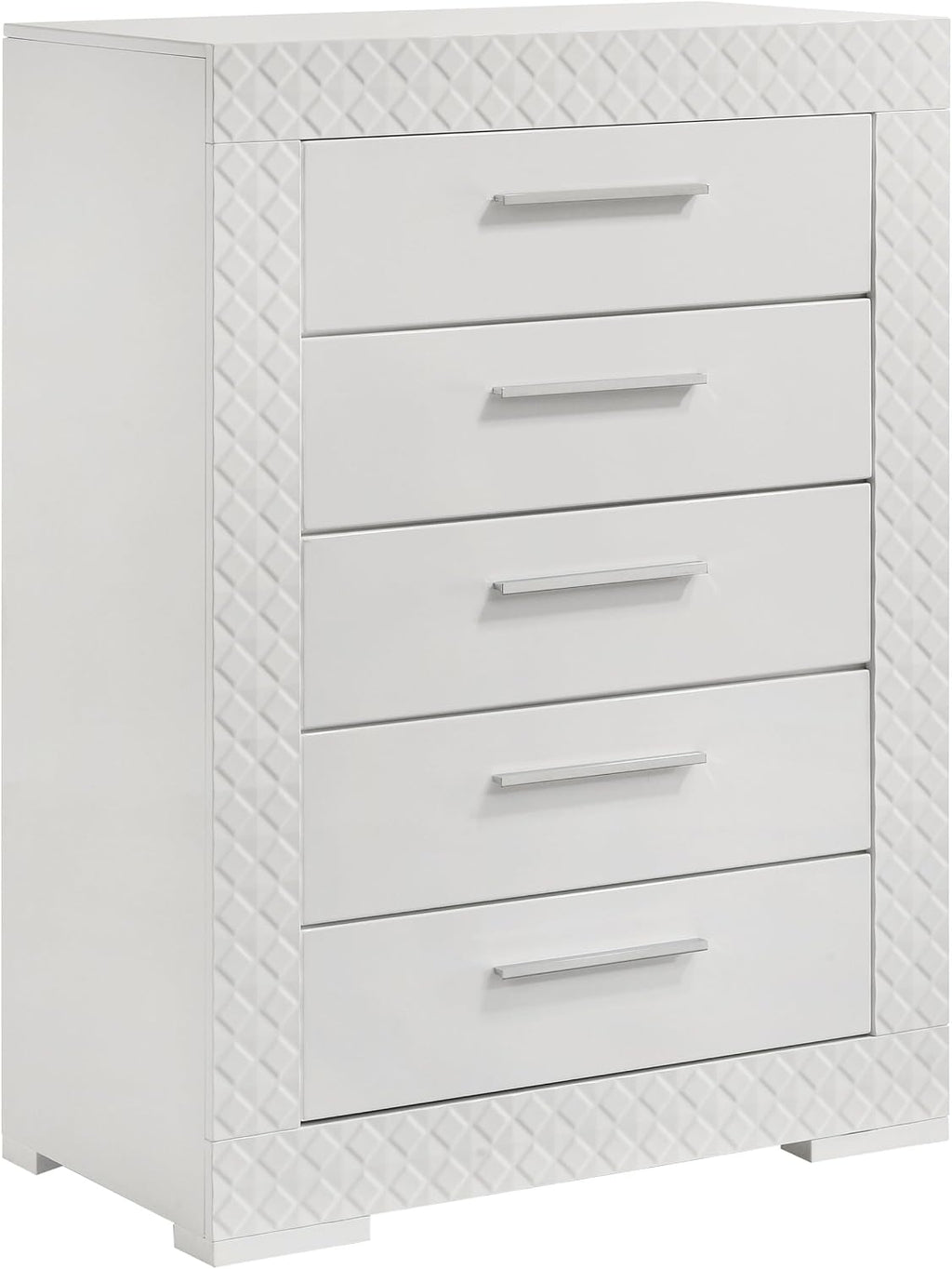 Coaster Home Furnishings - Ives - Wood - 5-Drawer Chest with 3-Dimensional Diamond Tile, Felt-Lined Top Drawer and Metal Glides - Contemporary - Bedroom - White High Gloss - 224945