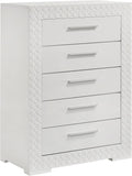 Coaster Home Furnishings - Ives - Wood - 5-Drawer Chest with 3-Dimensional Diamond Tile, Felt-Lined Top Drawer and Metal Glides - Contemporary - Bedroom - White High Gloss - 224945