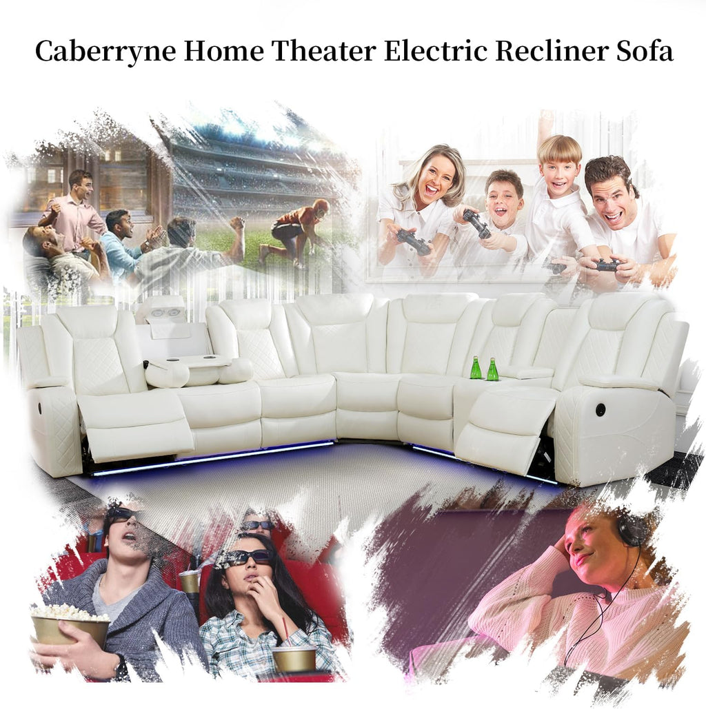 Power Recliner Sofa Sectional Couch with LED Light for Living Room,Leather Reclining Corner Sectional Sofa with 2 Recliner Seats,Cup Holder,Storage Console for House/Home Theater, Creamy