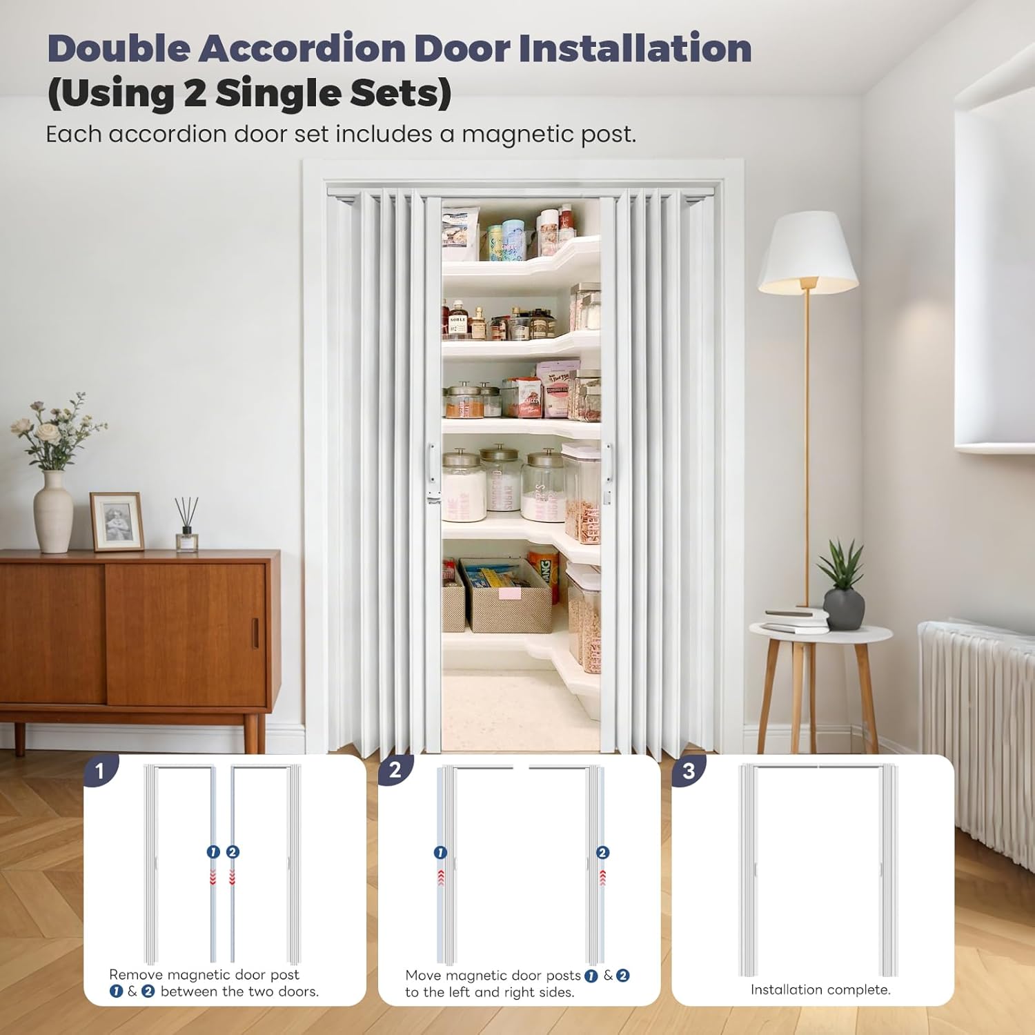 DIYHD 32X96 Accordion Door for Tall Openings, White Double Layer PVC Folding Interior Door with Track Kit, Space-Saving Closet Door, No Floor Track, Dual-Sided Handle & Latch, Easy Install
