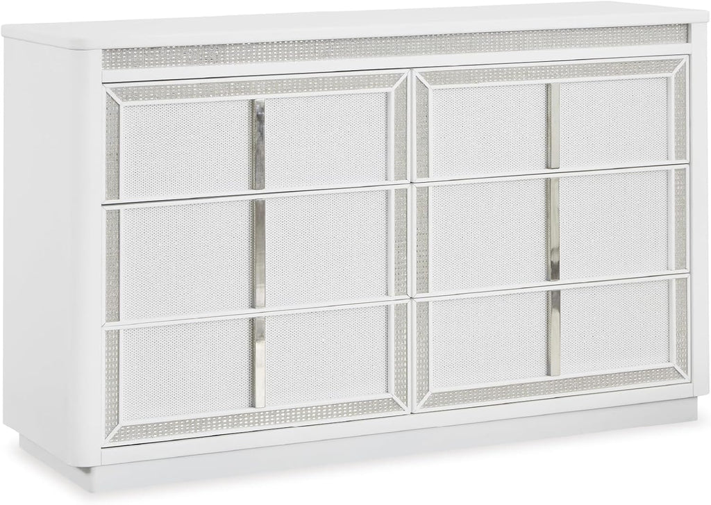 Signature Design by Ashley Chalanna Contemporary Dresser with 6 Drawers, Built-in LED Lighting, Rhinestone Details, Wood, White, 64' W x 20' D x 38.75' H
