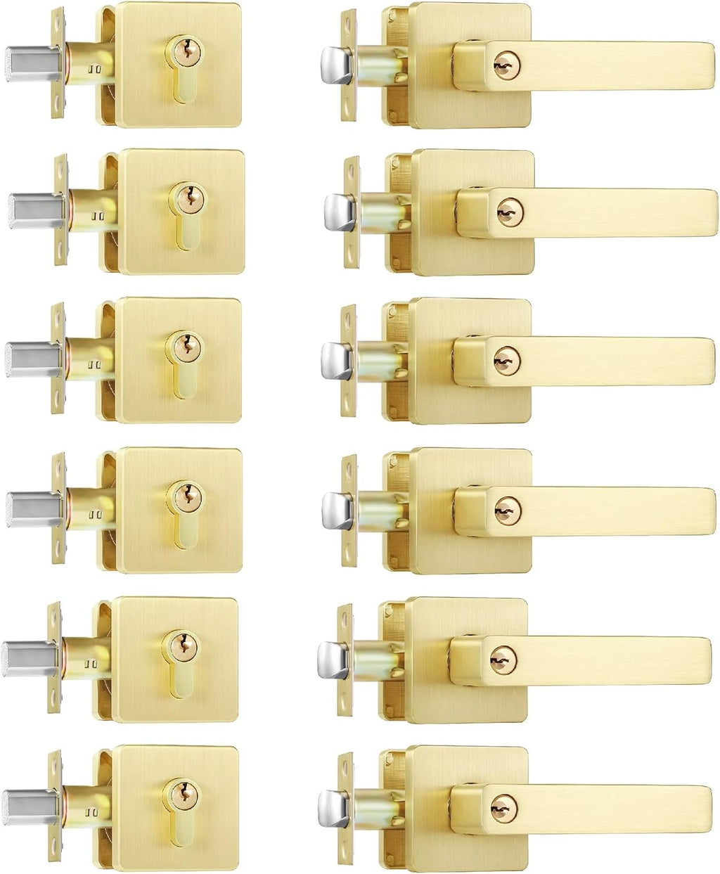 Leydebong 6 Pack Front Door Lock Set, Brushed Gold Exterior Door Lock Set with Deadbolt, Single Cylinder Deadbolt Lock and Door Knob Set, Keyed Alike Door Knob with Lock&Keys