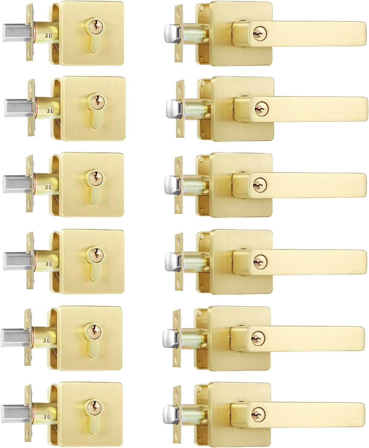 Leydebong 6 Pack Front Door Lock Set, Brushed Gold Exterior Door Lock Set with Deadbolt, Single Cylinder Deadbolt Lock and Door Knob Set, Keyed Alike Door Knob with Lock&Keys