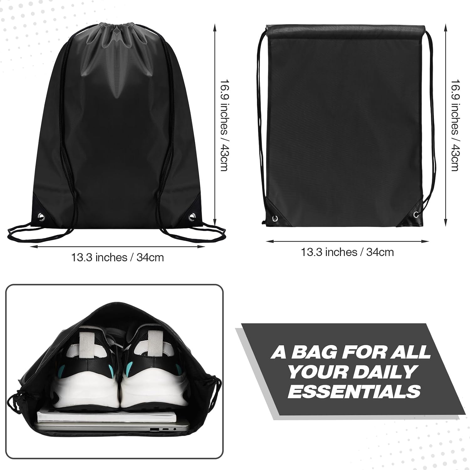 Shappy Drawstring Backpack Bulk Sports Gym Cinch Bag Polyester String Bag for Men Women(Black,200 Pcs)