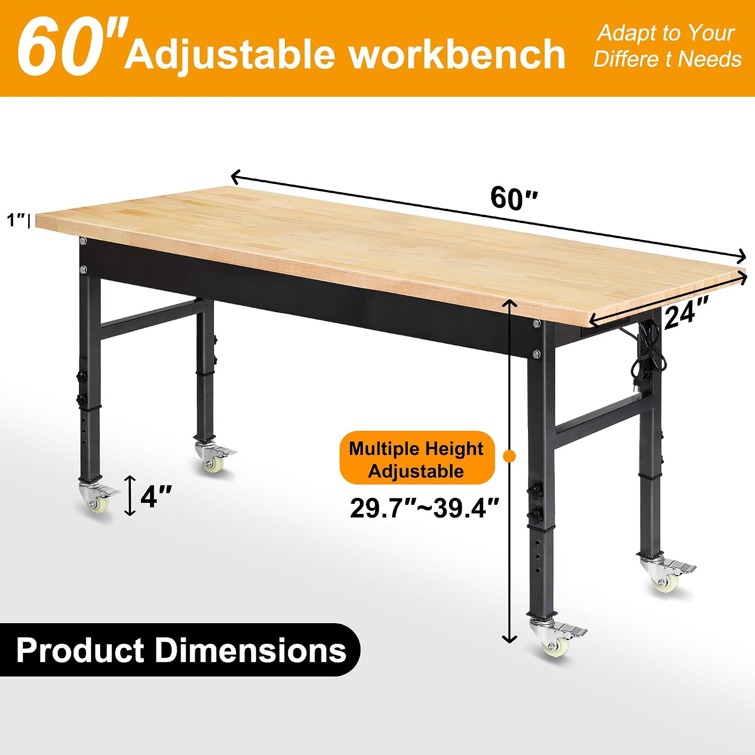 60' Adjustable Work Bench, Rubber Wood Top Workbench Heavy-Duty Work Table with Power Outlet and Wheels, 2000 LBS Load Capacity Hardwood Work Benches for Garage, Workshop, Home, Office, Easy Assembly