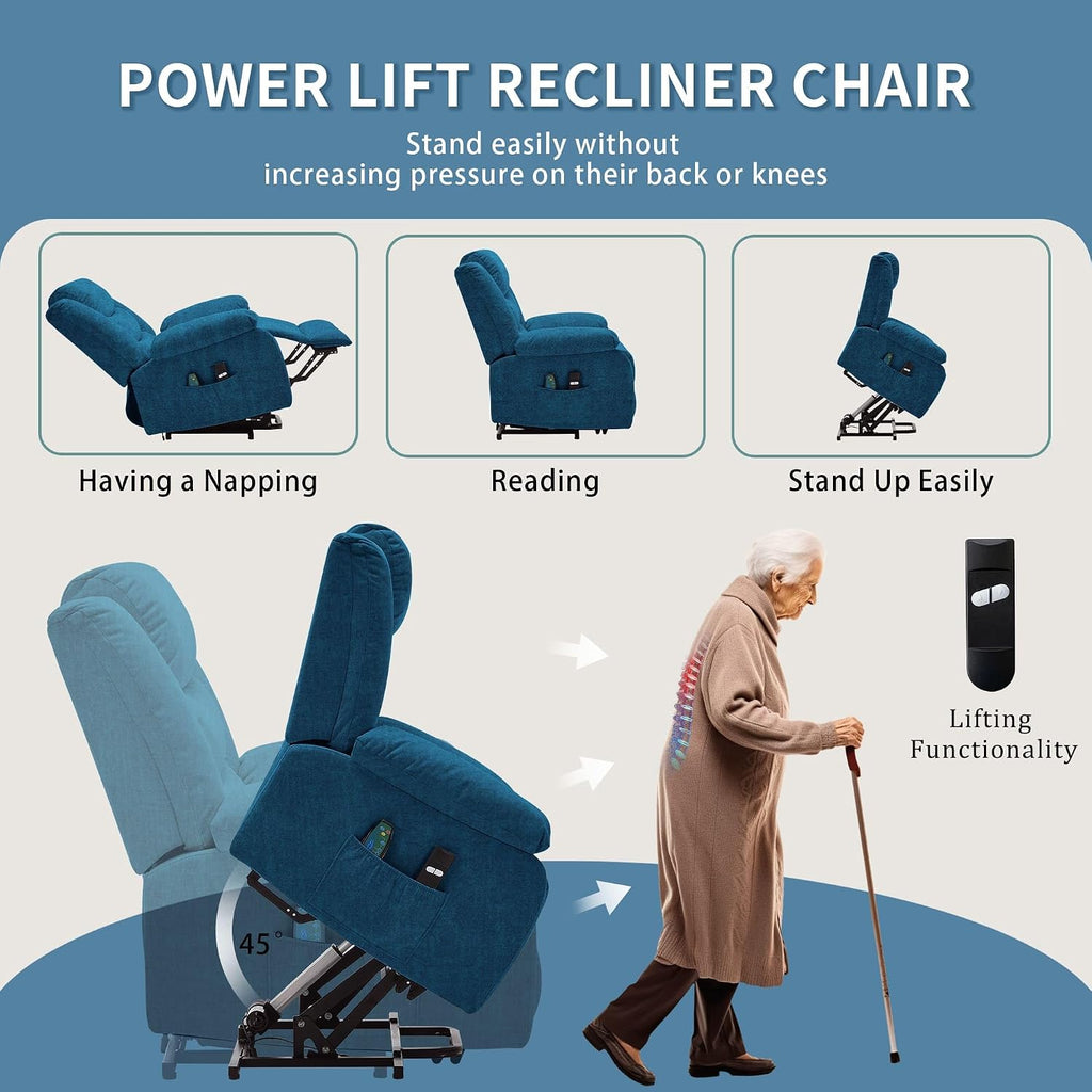 Korser Oversized Power Lift Recliner for Elderly, Extra Wide Electric Recliner Chairs with Massage and Heat, Reclining Chair with Side Pockets, Recliner for Living Room (Cashmere, Blue)