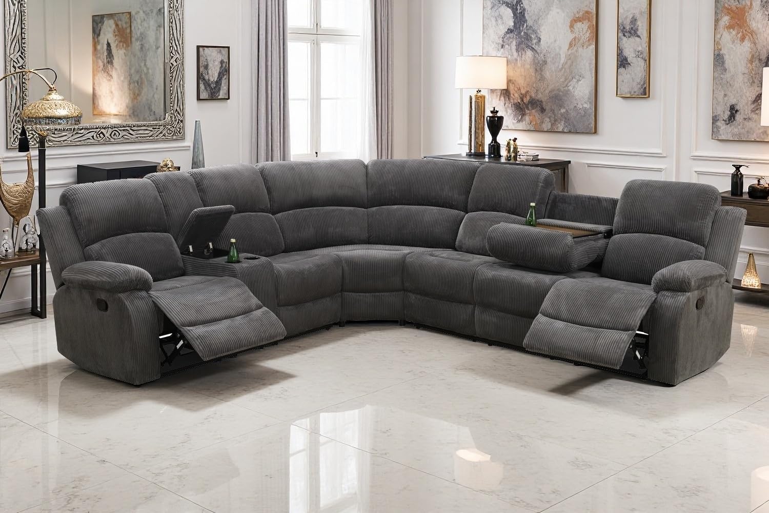 A Ainehome Furniture Manual Sectional Recliner Sofa Set with Storage, Corduroy Sofa Sets Manual Reclining Sectional Couches for Living Room with 2 Recliner Seats(Living Room Set, Dark Grey)