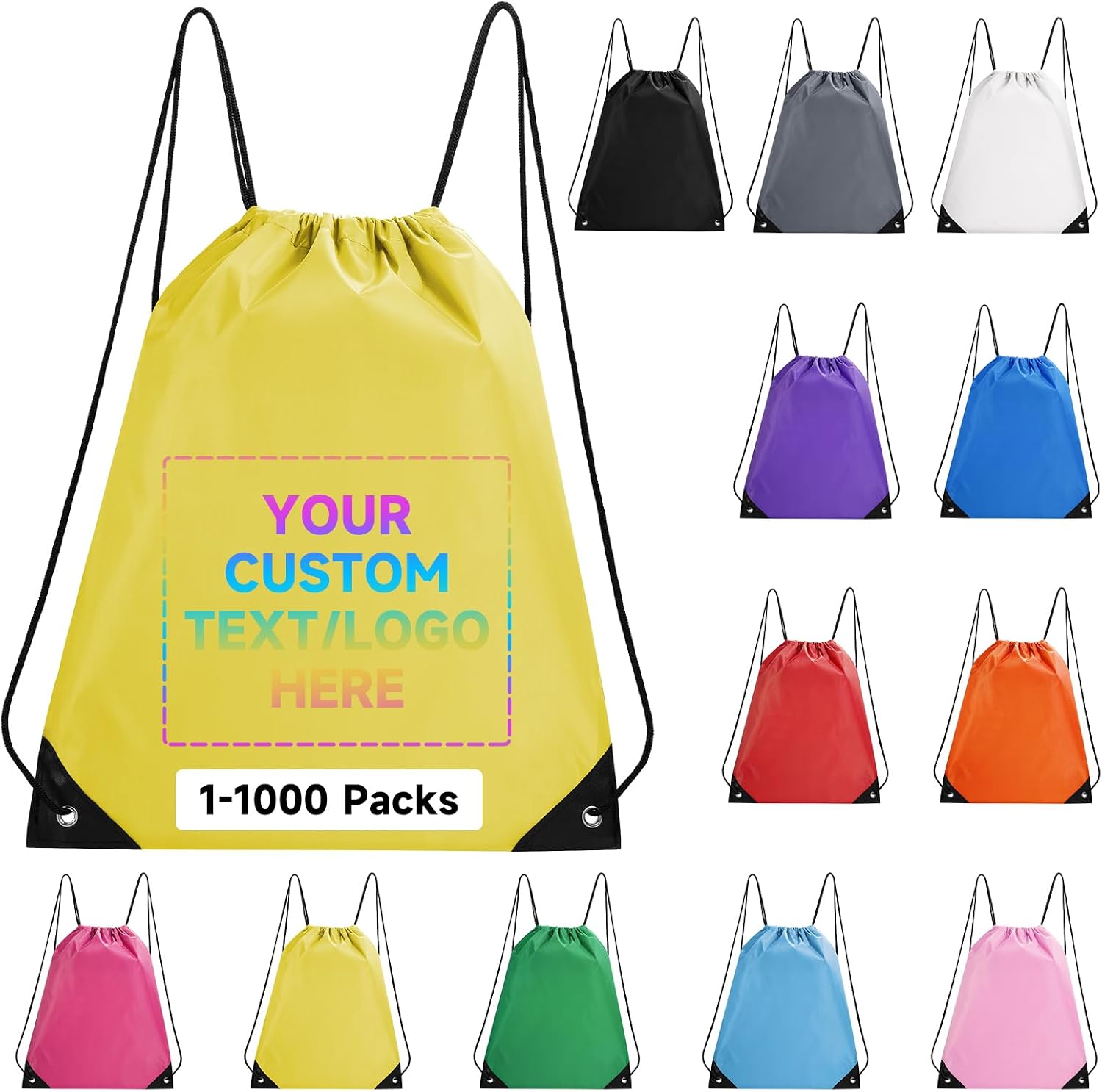 Custom Drawstring Backpacks With Your Logo, 1000 Pack Personalized Text Drawstring Bags String Bag Bulk, Great for Travelling, Gym and for Everyday Use (Yellow)