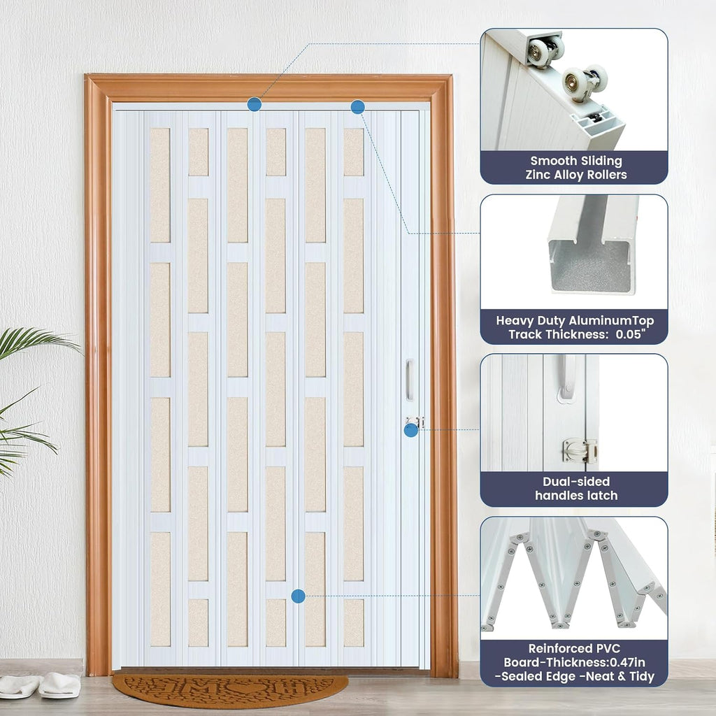 DIYHD 48X96in Glass Accordion Door, Double-Layer PVC Folding Door with Frosted Acrylic Panel for Privacy & High Light Transmission – Ideal for Large Openings, Space-Saving Closet & Room Divider