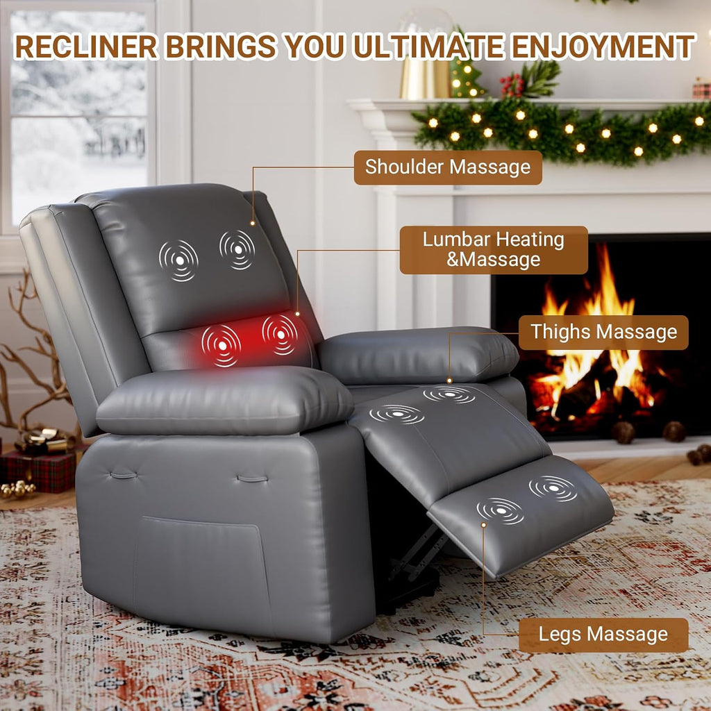 Power Lift Recliner Chair - Electric Recliner with Massage & Heat, PU Leather Living Room Chair, Remote Control & Side Pocket for Elderly Adults, Grey