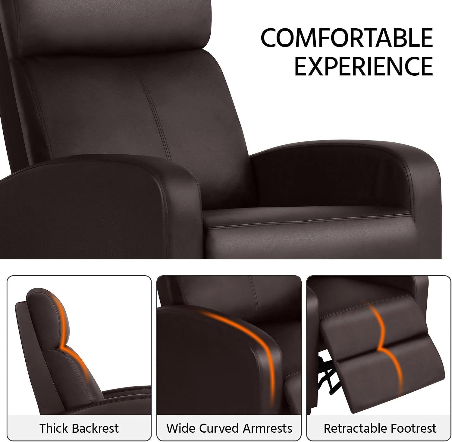 Topeakmart PU Leather Recliner Chair Living Room Single Sofa Home Theater Seating with Lumbar Support Overstuffed High-Density Sponge Manual Push Back Recliners Brown