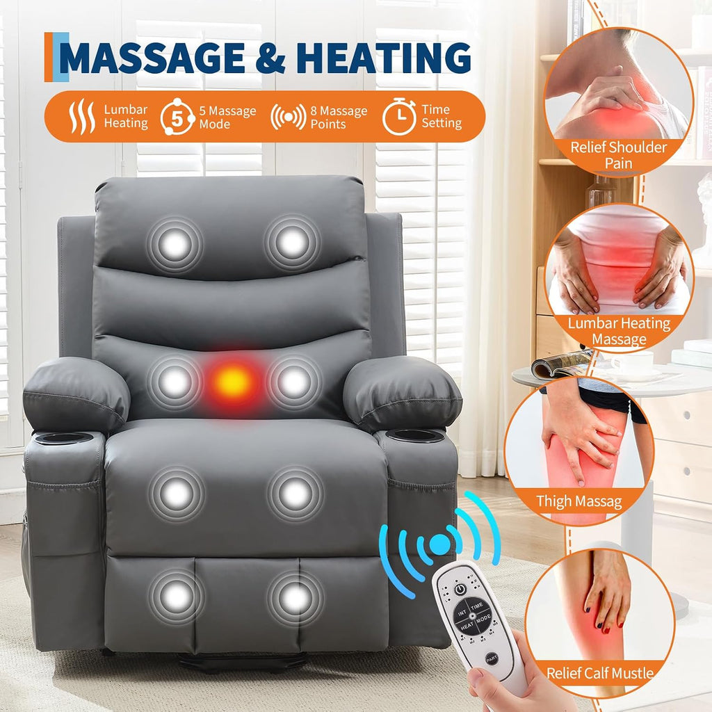 GarveeHome Power Lift Recliner Chair for Elderly, Oversized Electric Lift Chair with Heat and Massage, PU Leather Adjustable Recliner with Cup Holders & Side Pocket for Living Room, Gray