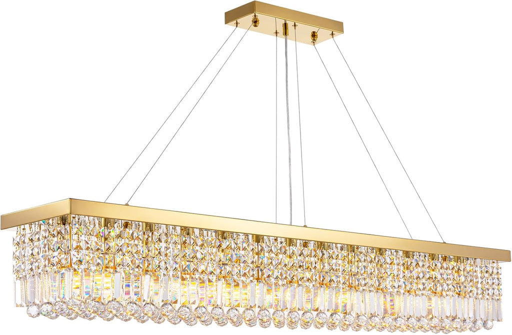 7PM Rectangle K9 Crystal Chandelier Modern Gold Crystal Chandelier Rectangular Pendant Lighting Fixture for Dining Room Kitchen Island Bedroom L59'' x W10'' x H9''
