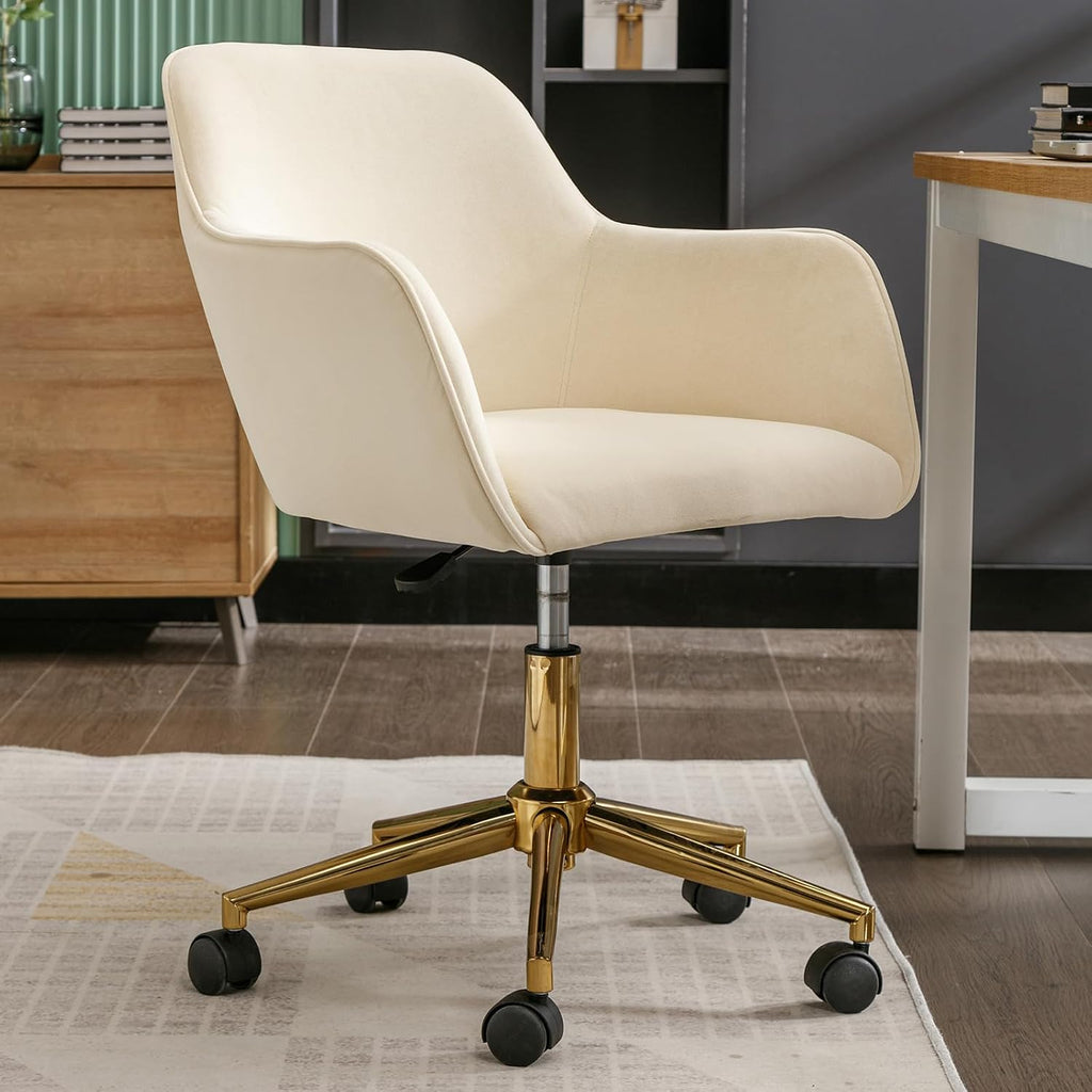 Modern Velvet, Height Adjustable, 360° Swivel Office Chair, Upholstered Cosmetic Dresser Armchair with Metal Feet and Backrest, Bedroom Furniture Beige